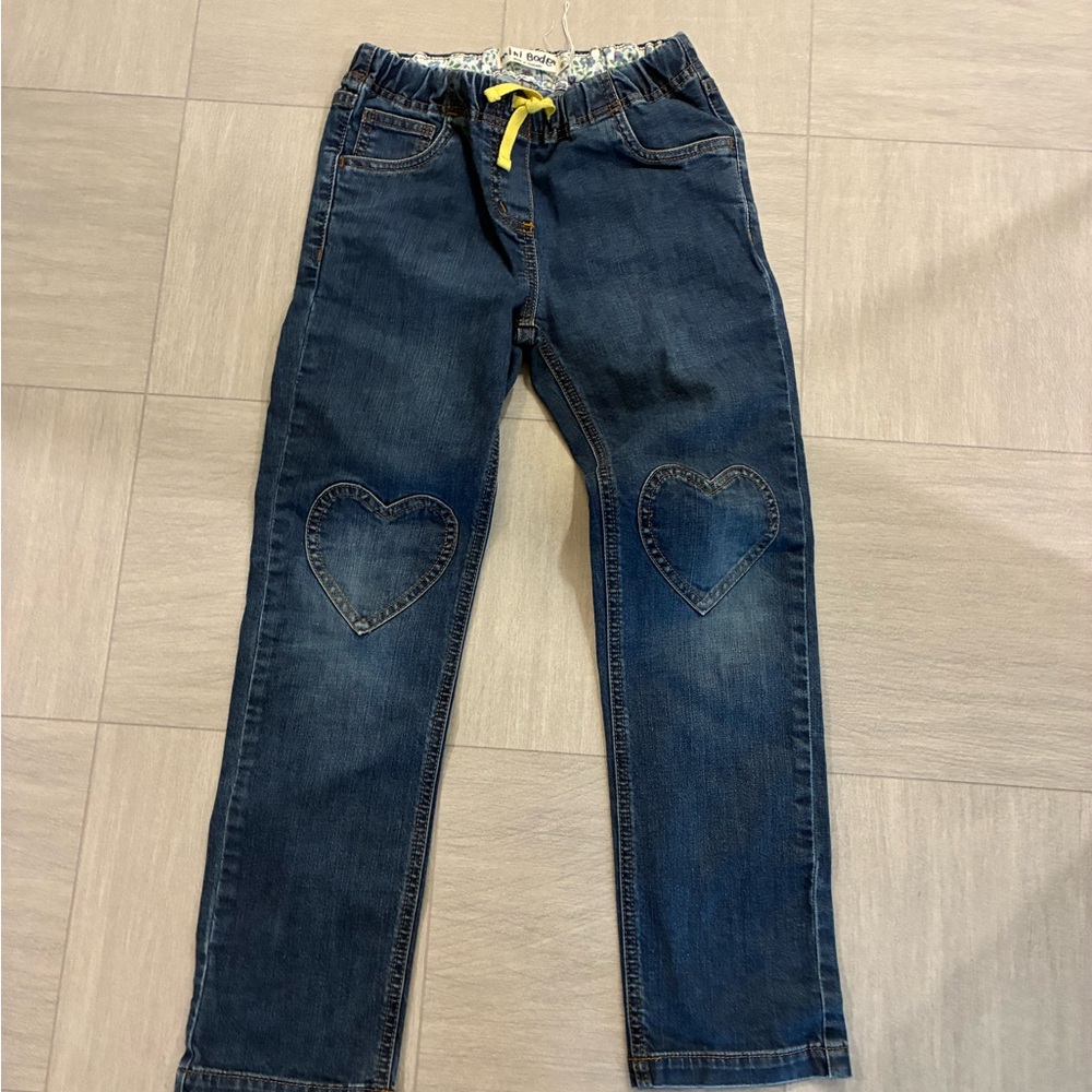 Mini Boden Pull On Kids Denim Heart Patch Jeans